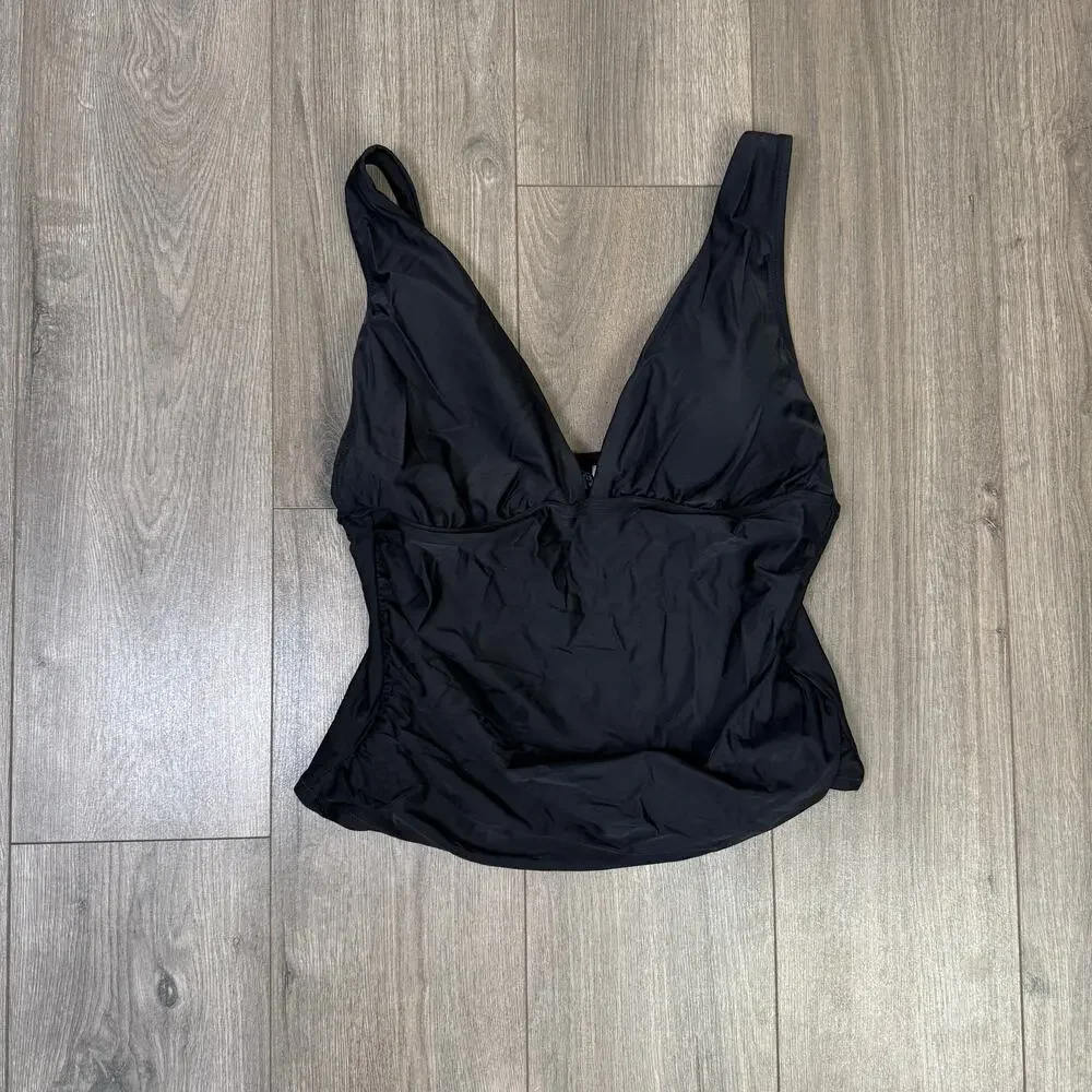 J.Crew Ruched Plunge Tankini Top Womens XXL Black Sleeveless Swimwear Adjustable